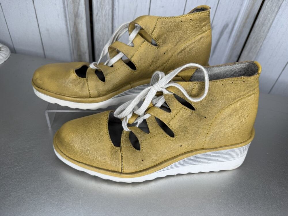 FLY LONDON Women's Coda999 Lace Up Closed Toe Shootie Wedge Shoes Mustard EU 38